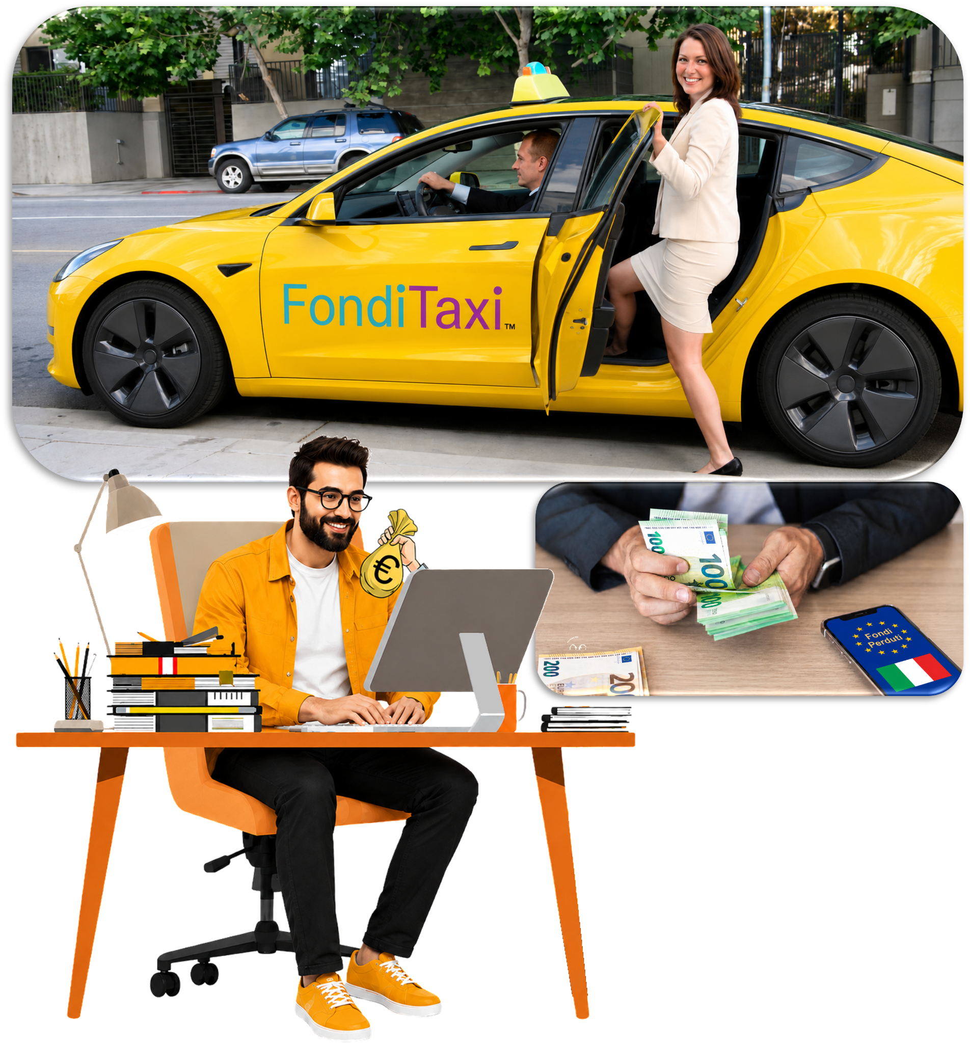 Composizione FondiTaxi con taxi giallo, nuovo imprenditore al computer e immagine di un contributo in euro